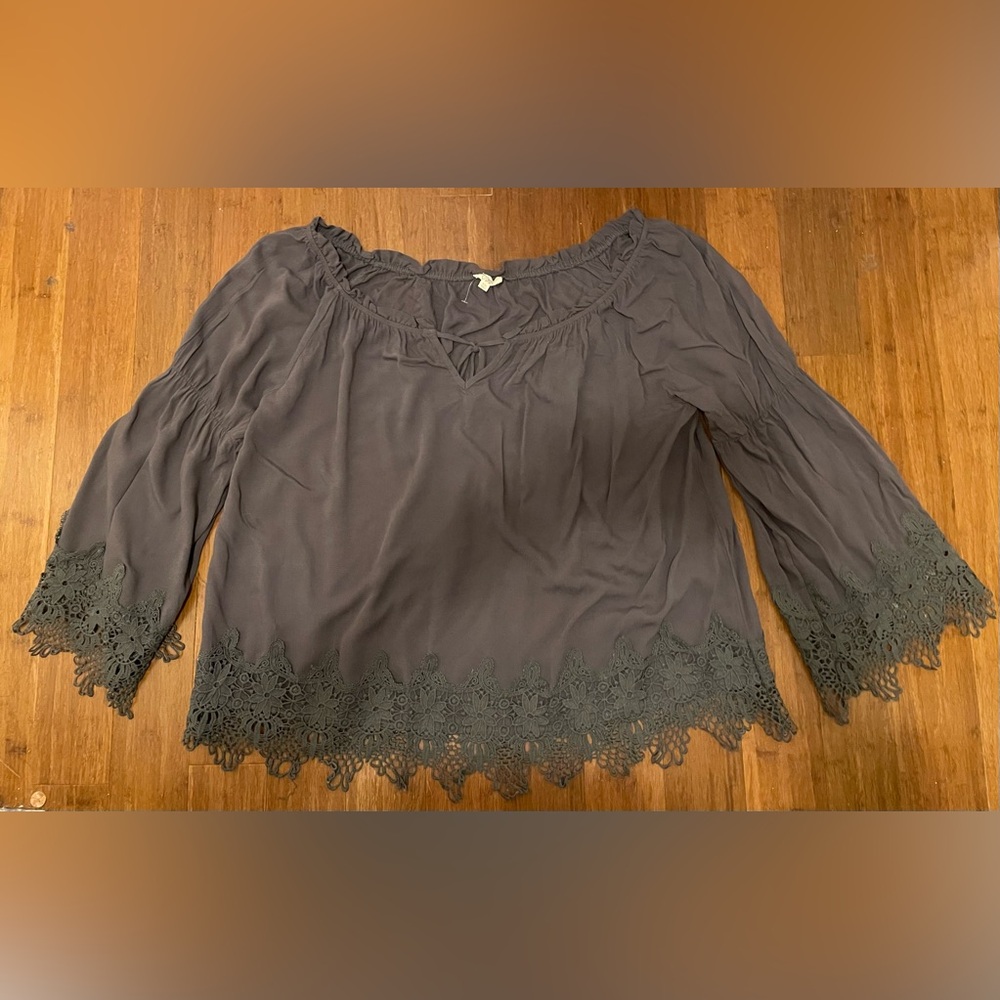 Oddi Blouse Peasant Top Gray Lace Romantic RENfair On Off Shoulder Victorian 2XL